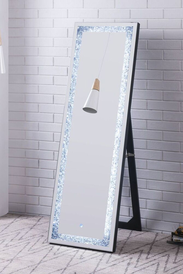 ACME - Noralie Floor Mirror with Led in Mirrored/Faux Diamonds (97713)