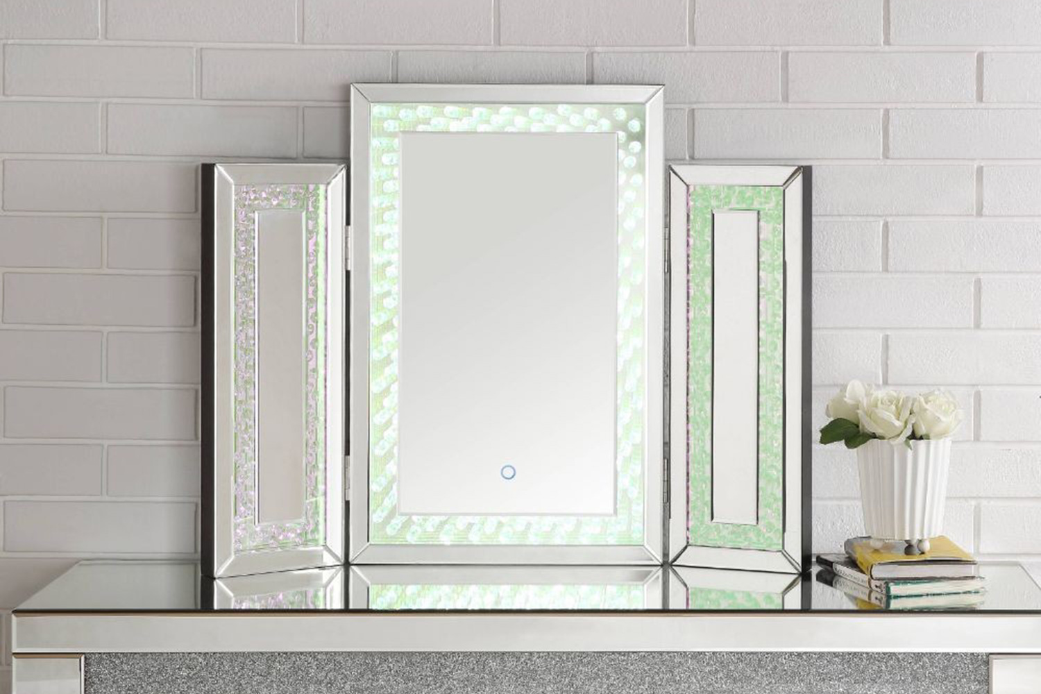 ACME - Nysa Accent Mirror with Led in Mirrored/Faux Crystals (97732)