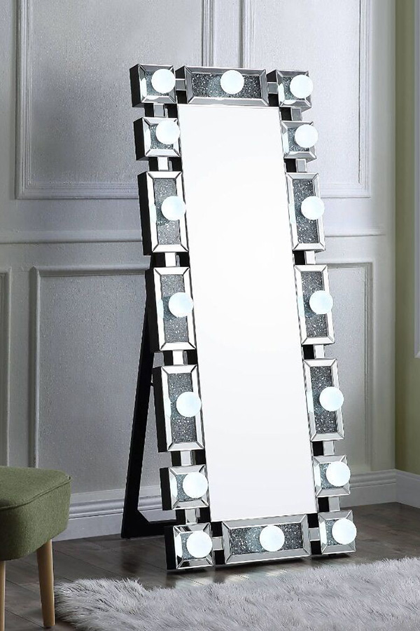 ACME - Noralie Floor Mirror in Mirrored/Faux Diamonds (97756)