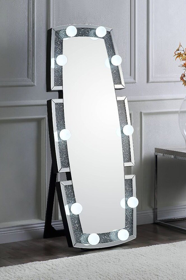 ACME - Noralie Floor Mirror in Mirrored/Faux Diamonds (97759)