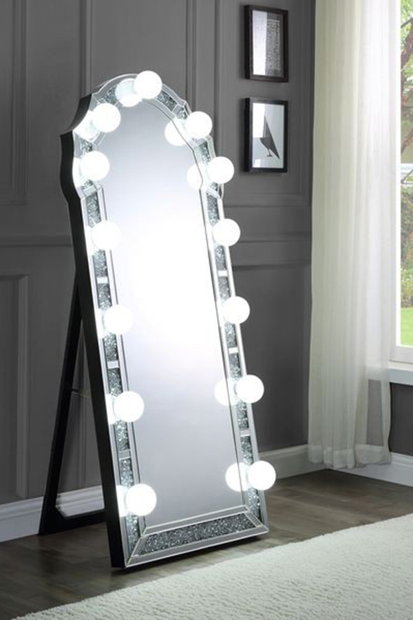 ACME - Noralie Floor Mirror in Mirrored/Faux Diamonds (97983)