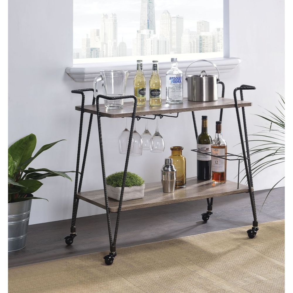 ACME - Paulsen Serving Cart in Rustic Oak/Dark Bronze