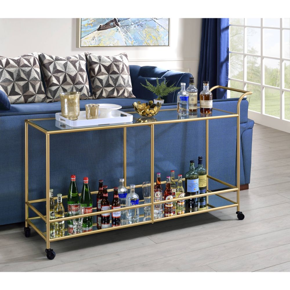 ACME - Kenda Serving Cart in Clear Glass/Mirrored/Gold