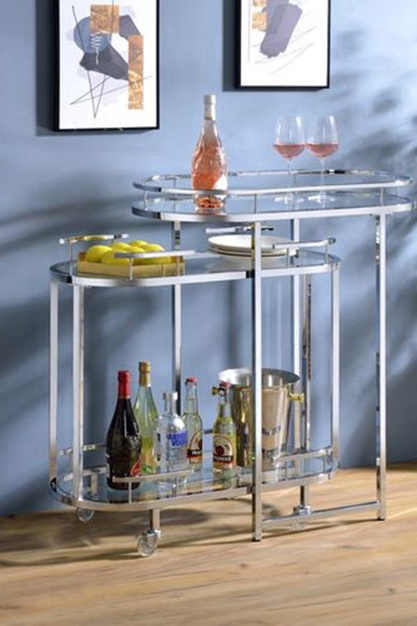 ACME - Piffo Serving Cart Set in Clear Glass/Chrome