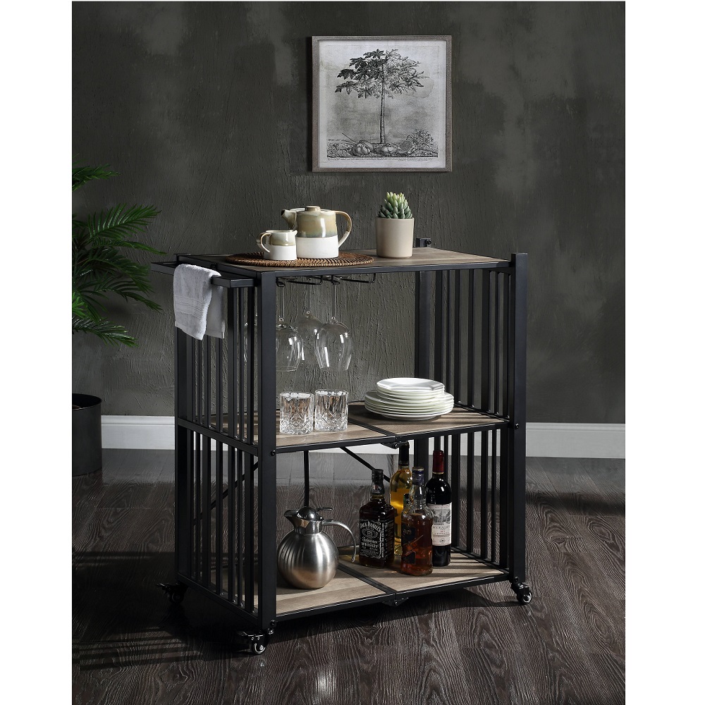 ACME - Zudora Folding Serving Cart in Antique Oak/Black