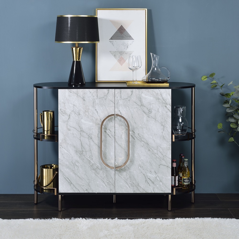 ACME - Vidal Wine Cabinet in Marble Print/Black/Champagne