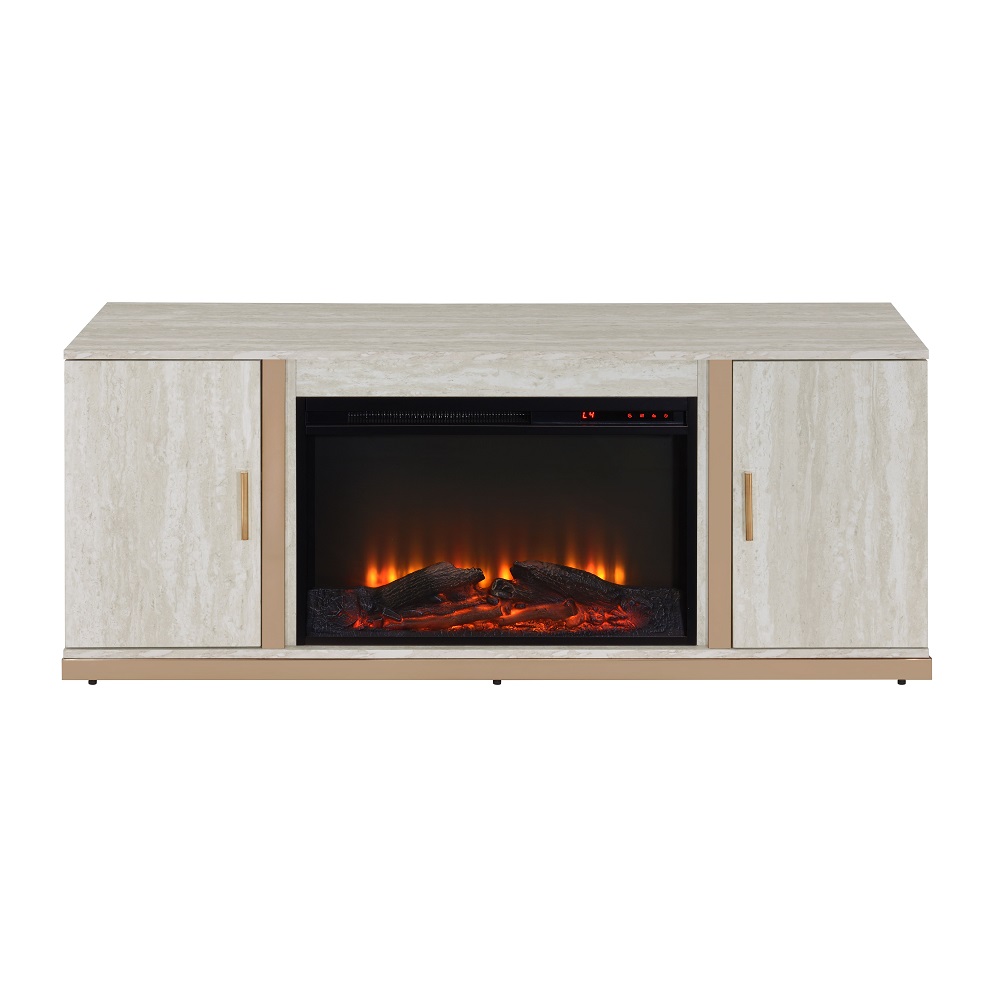 ACME - Vanna Console Cabinet with Fireplace in Stone Print/Gold