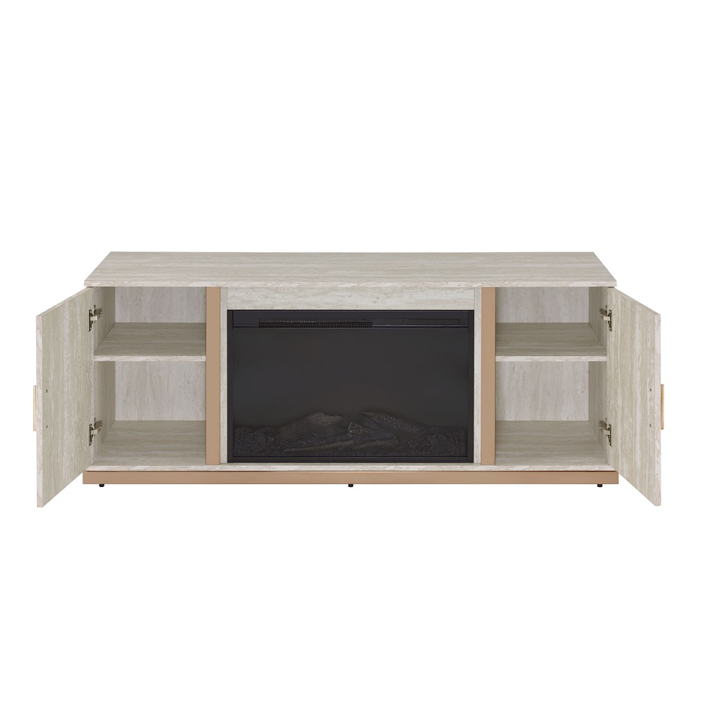 ACME - Vanna Console Cabinet with Fireplace in Stone Print/Gold