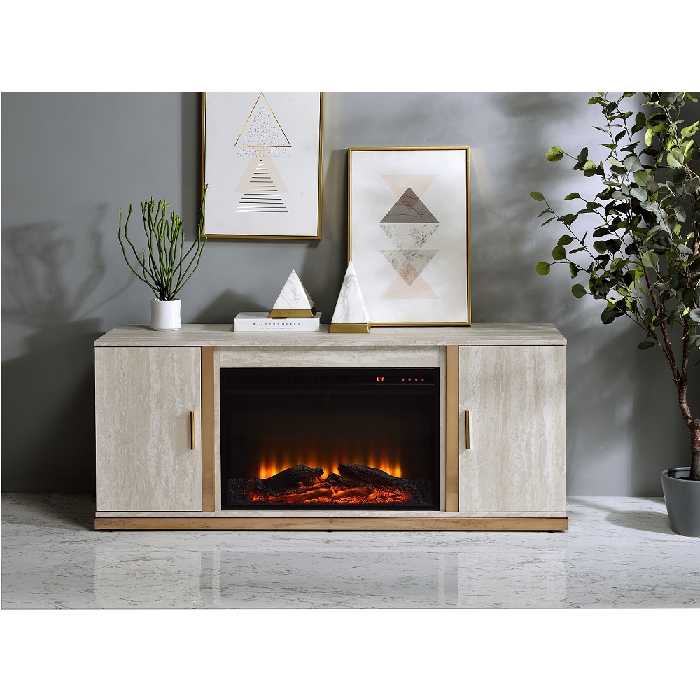 ACME - Vanna Console Cabinet with Fireplace in Stone Print/Gold