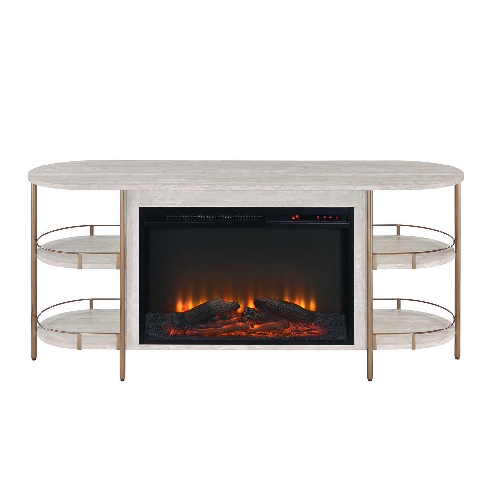 ACME - Valene Console Table with Fireplace in Stone Print Gold