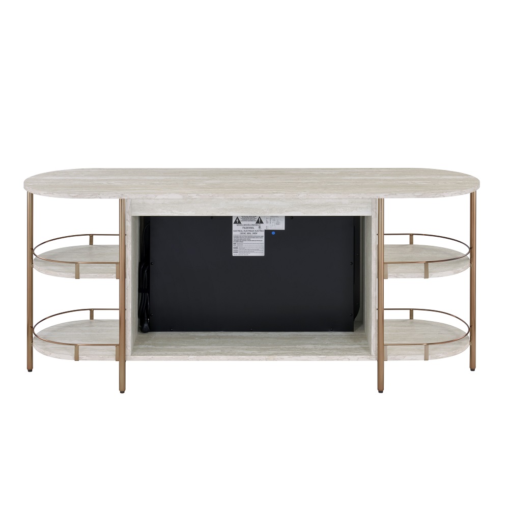 ACME - Valene Console Table with Fireplace in Stone Print Gold