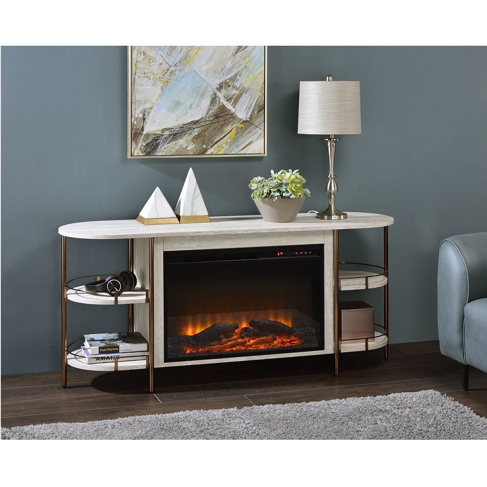 ACME - Valene Console Table with Fireplace in Stone Print Gold