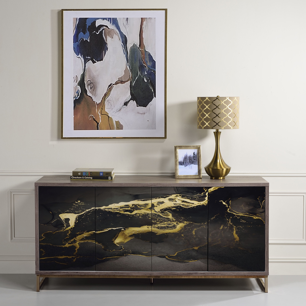 ACME - Payo Console Cabinet in Black Marble Print Oak/Champagne