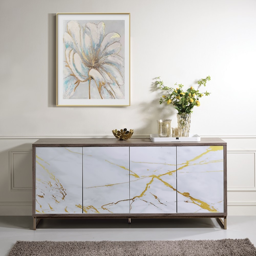 ACME - Paavan Console Cabinet in White Marble Print Oak/Champagne