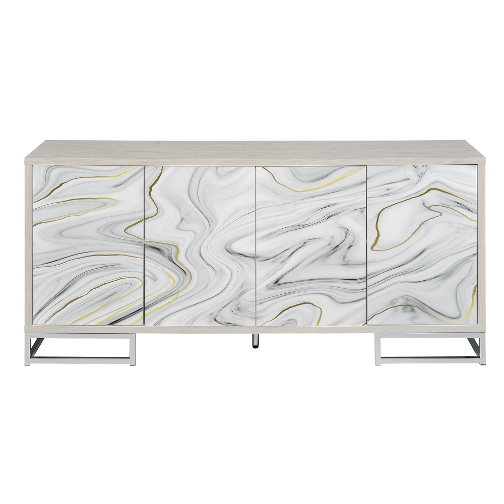 ACME Panos Console Cabinet - White Marble Print/Chrome