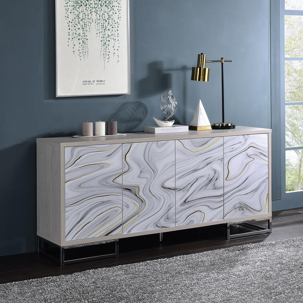 ACME Panos Console Cabinet - White Marble Print/Chrome