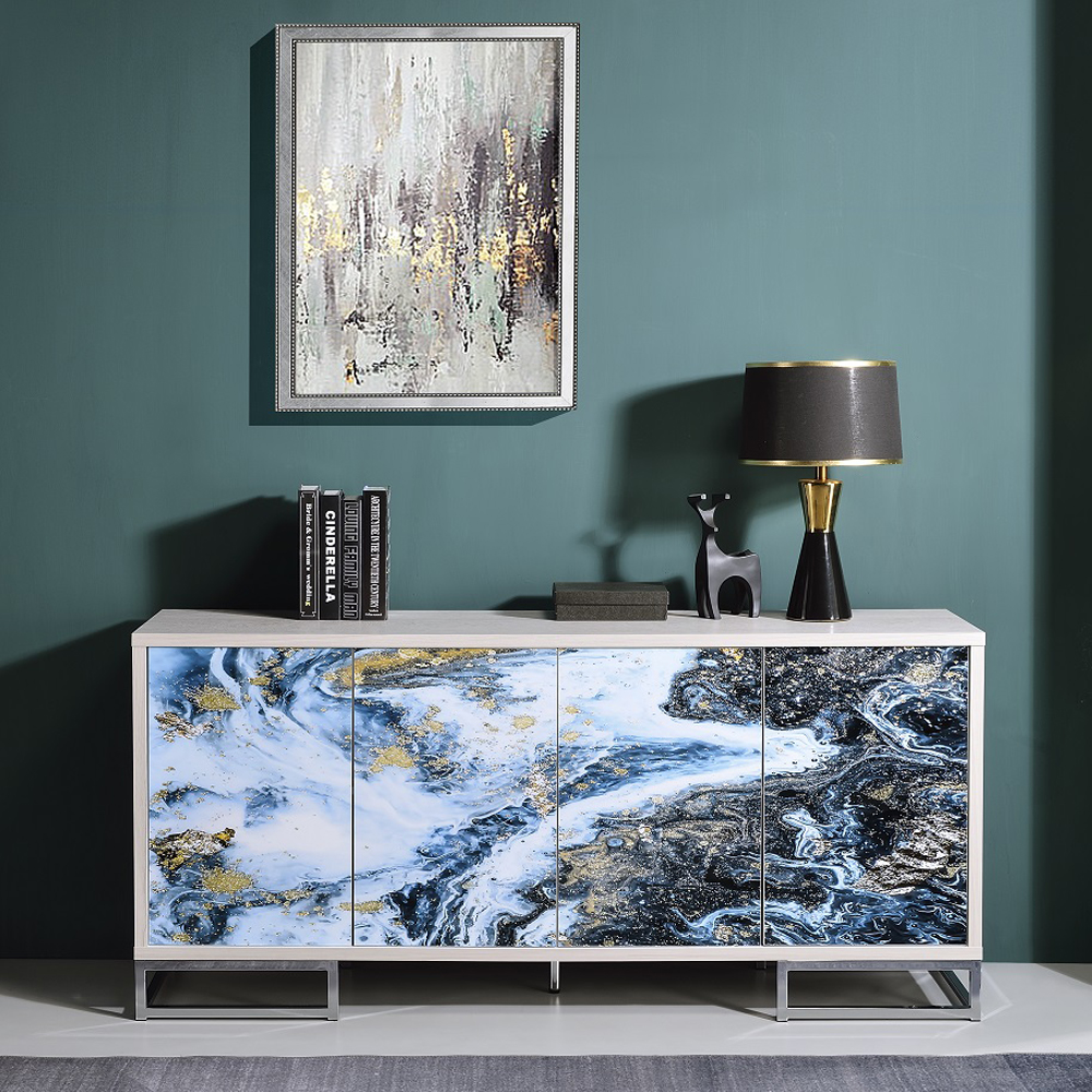 ACME Liam Console Cabinet - Blue Marble Print/Chrome