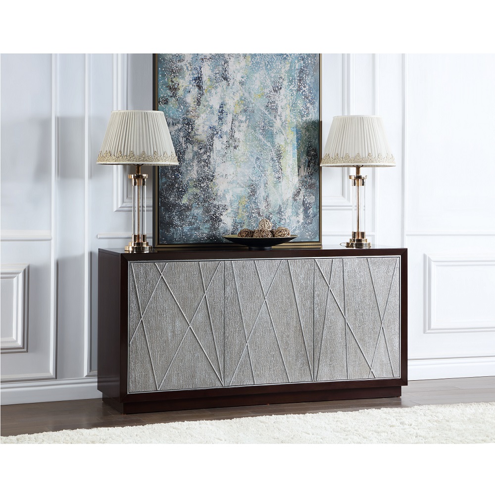 ACME - Geranio Console Cabinet in Metallic Silver/Walnut