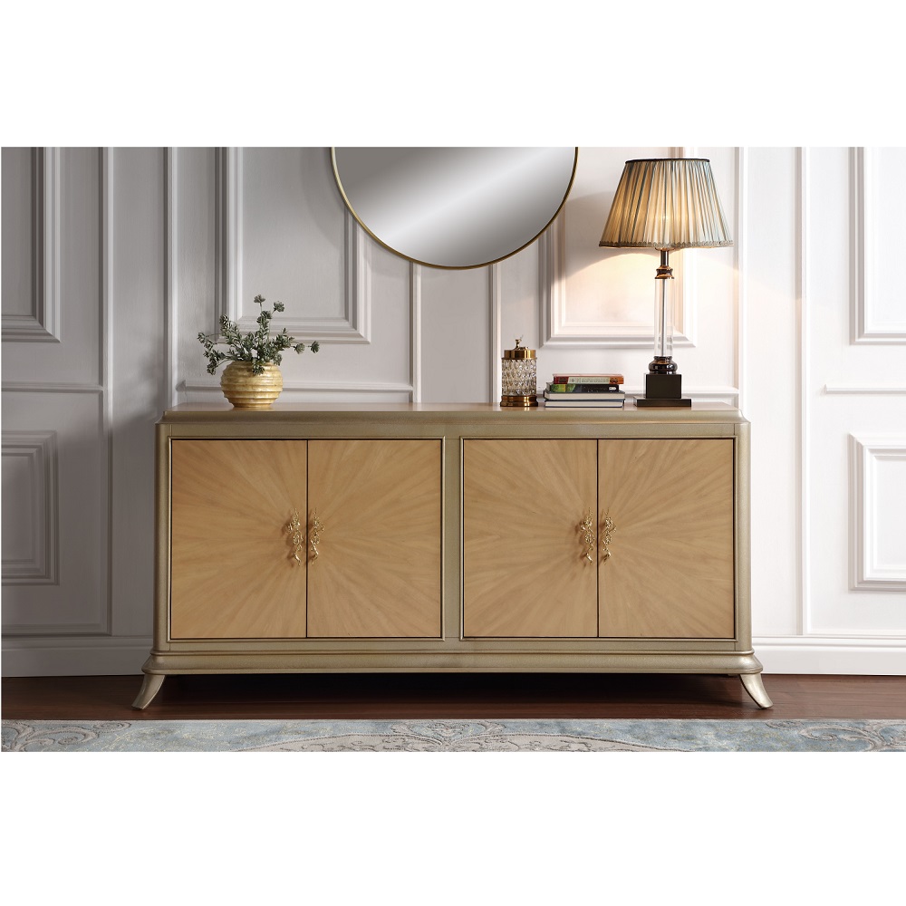 ACME - Dodie Console Cabinet in Natural Oak Sunburst Pattern/Taupe Champaign