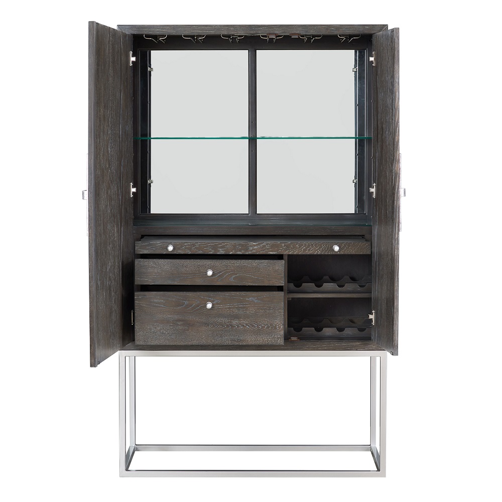 ACME™ Andra Bar Cabinet - Hand Brushed Gray Oak/Chrome