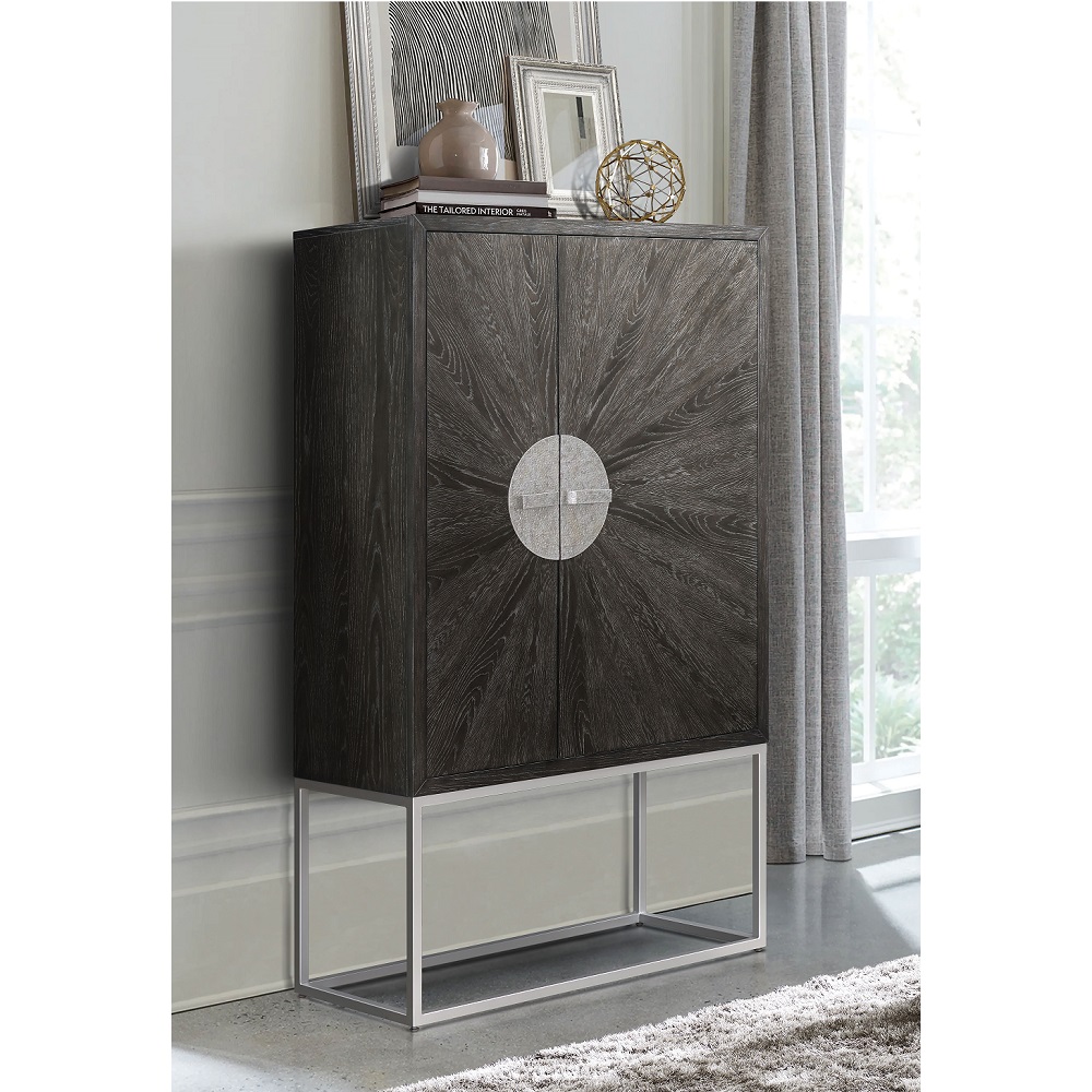 ACME™ Andra Bar Cabinet - Hand Brushed Gray Oak/Chrome