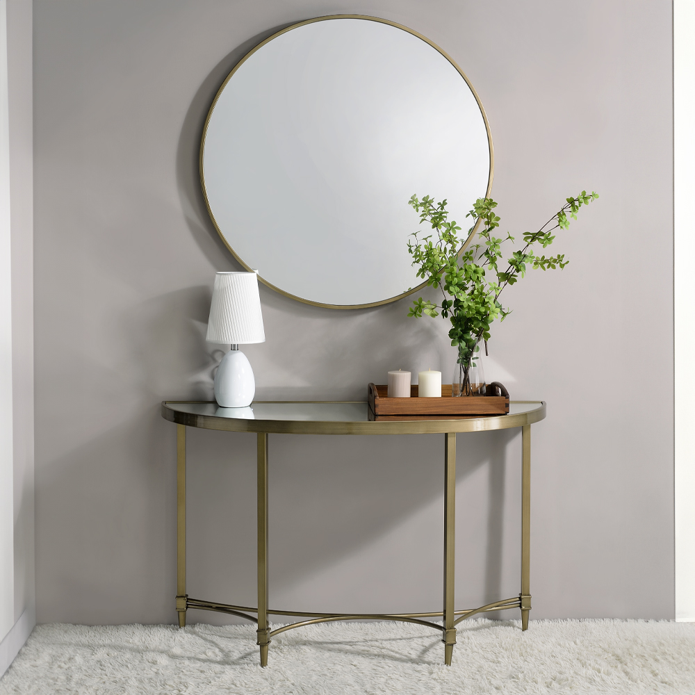 ACME - Aditya Console Table with Mirror in Mirrored/Antique Brass