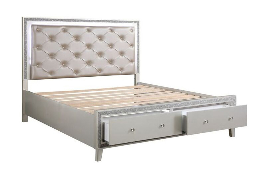 ACME Sliverfluff Queen Bed with Led/Storage - Synthetic Leather/Champagne