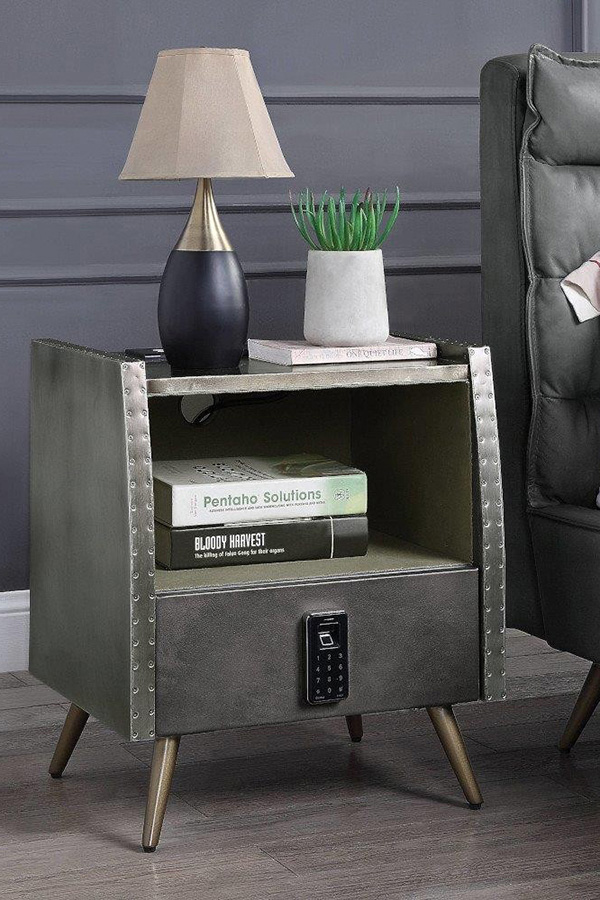 ACME - Doris Nightstand with USB & Electric Lock in Gray/Aluminum