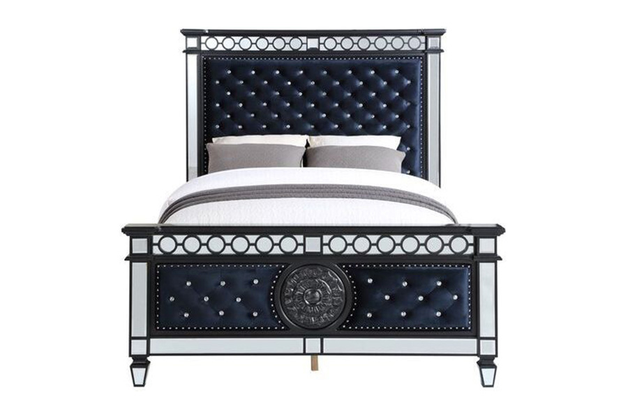 ACME Varian II Queen Bed - Mirrored/Dark Navy Blue/Black/Sliver