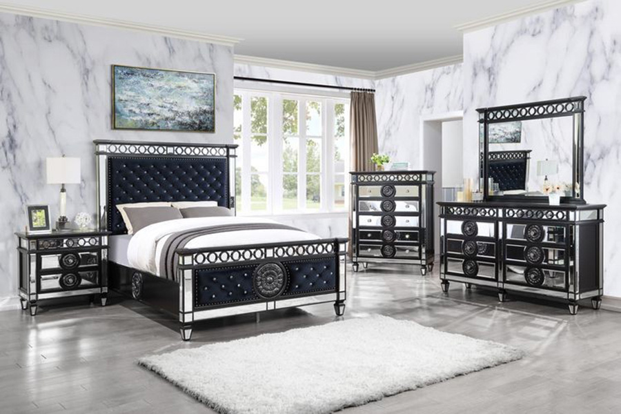 ACME Varian II Queen Bed - Mirrored/Dark Navy Blue/Black/Sliver