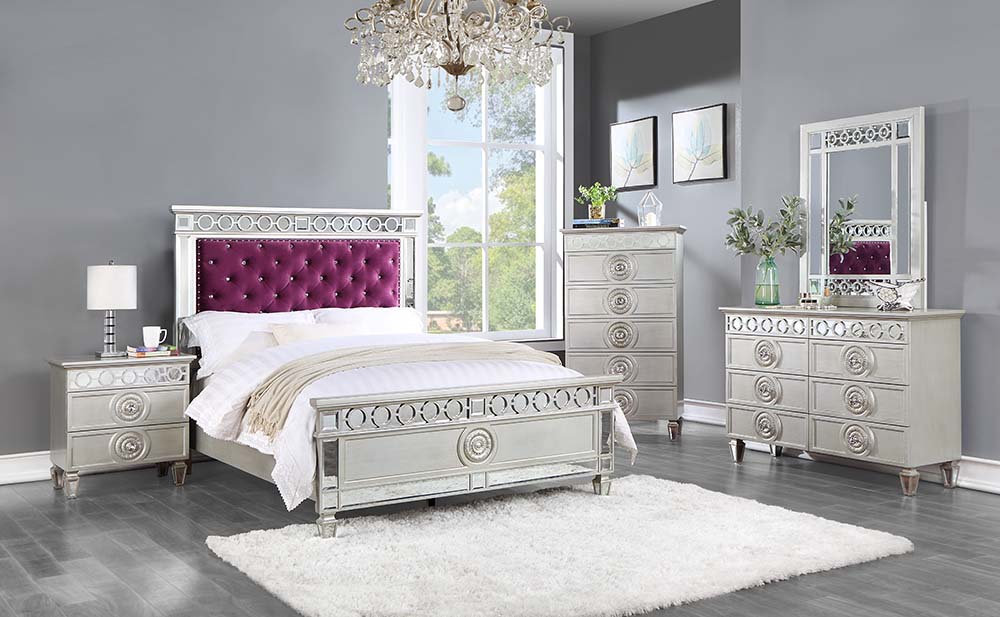 ACME Varian Twin Bed - Burgundy Velvet/Silver/Mirrored