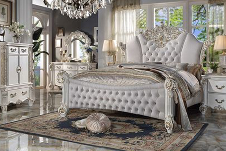 ACME Vendom Bed - Two Tone Ivory Fabric and Antique Pearl Finish, California King Size