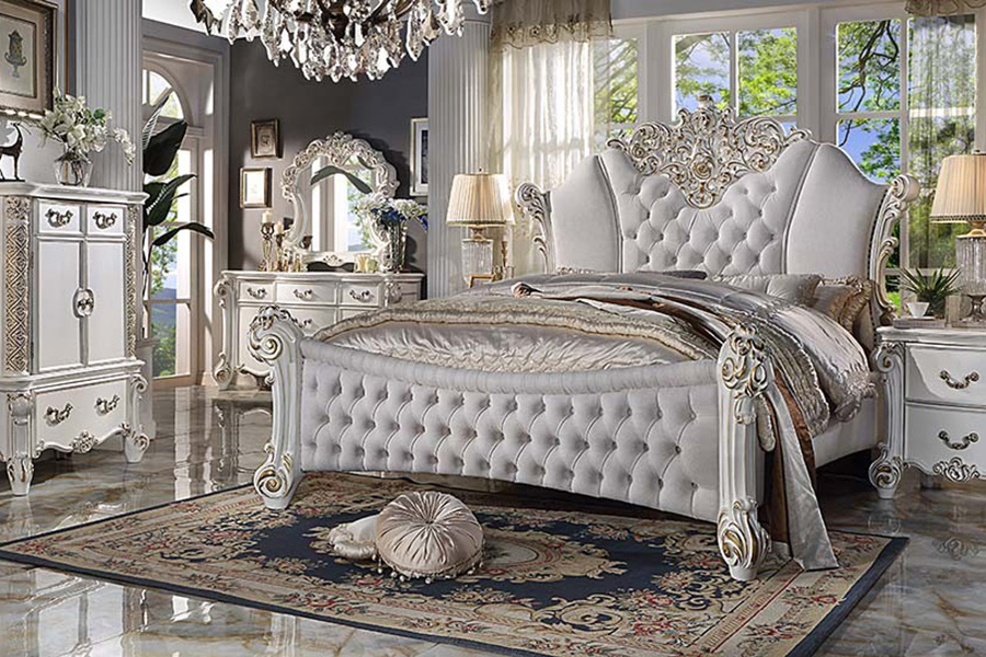 ACME Vendom Bed - Two Tone Ivory Fabric and Antique Pearl Finish, Queen Size