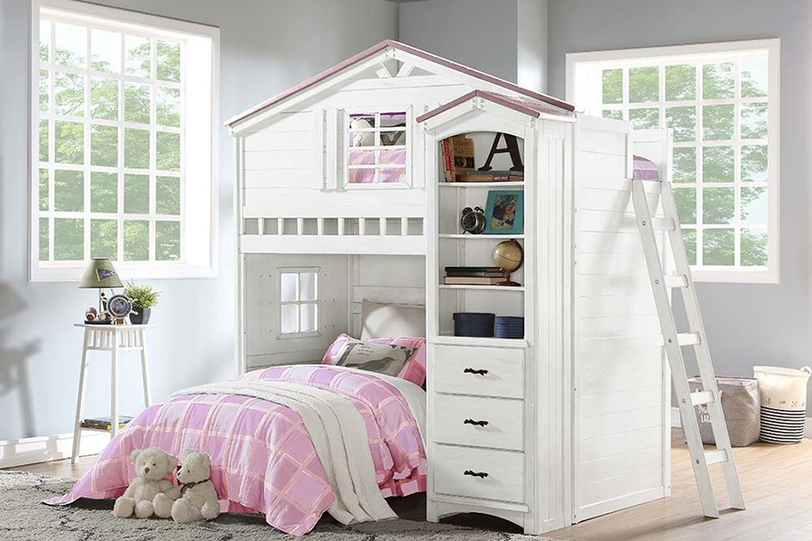 ACME Tree House Twin Loft Bed - Pink and White Finish