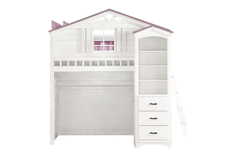 ACME Tree House Twin Loft Bed - Pink and White Finish