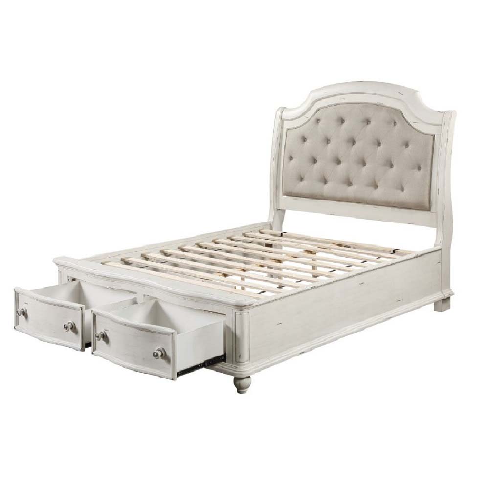 ACME Jaqueline EK Bed with Storage - Gray Linen/Antique White