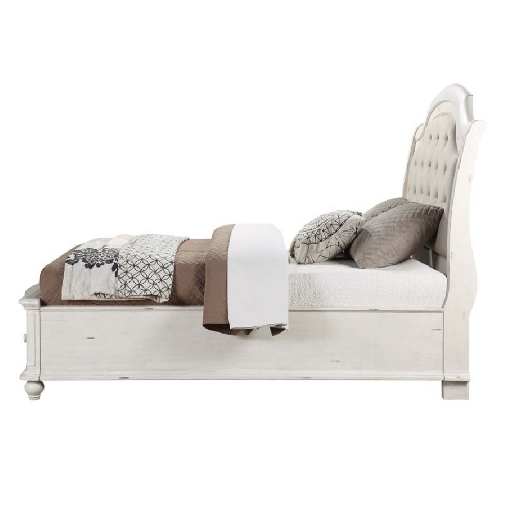 ACME Jaqueline EK Bed with Storage - Gray Linen/Antique White