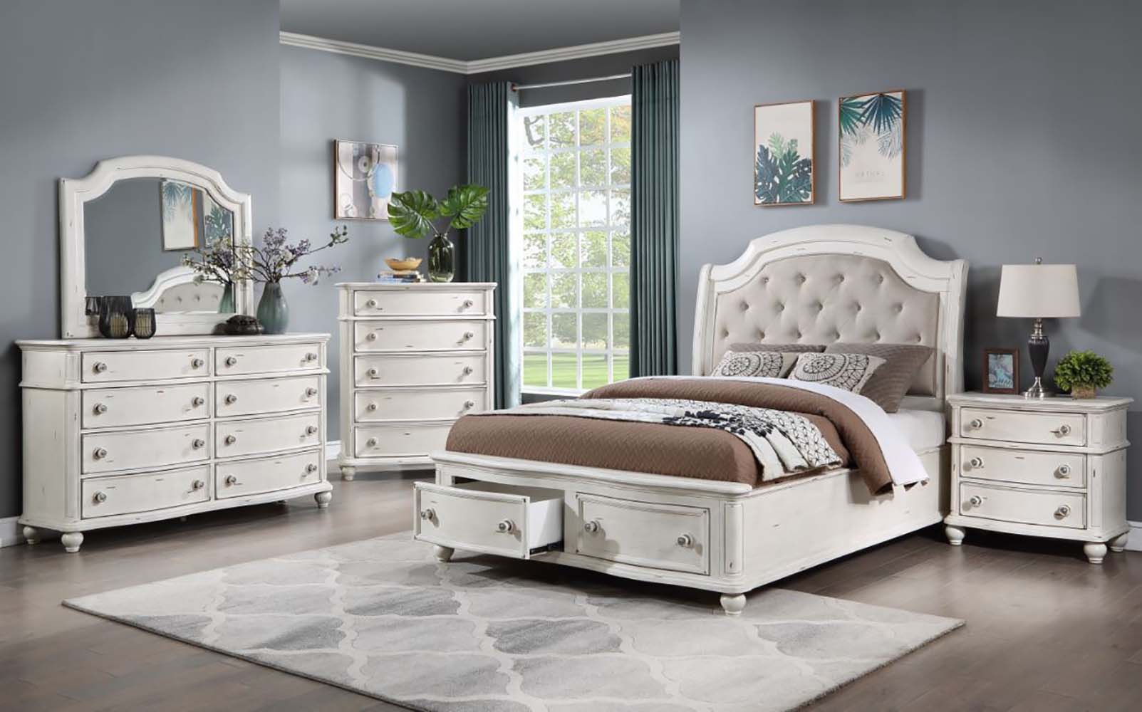 ACME Jaqueline EK Bed with Storage - Gray Linen/Antique White