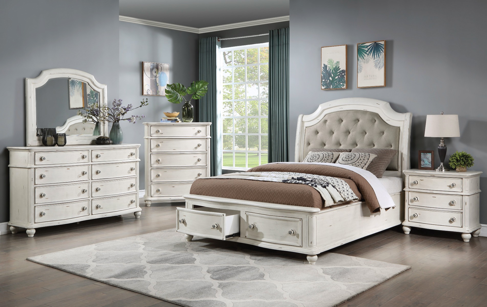 ACME Jaqueline Queen Bed with Storage - Gray Linen/Antique White