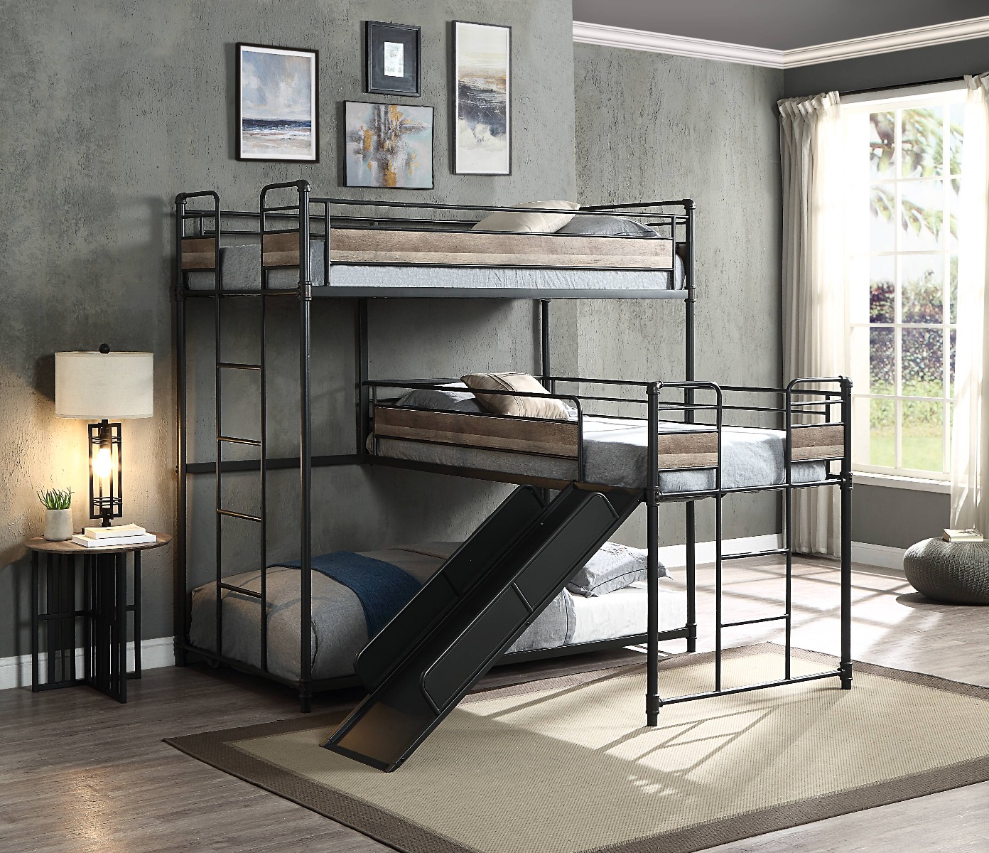 ACME - Brantley Triple Twin Bunk Bed in Antique Oak/Sandy Gray