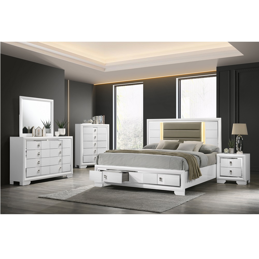 ACME Elain EK Bed with Led & Storage - White