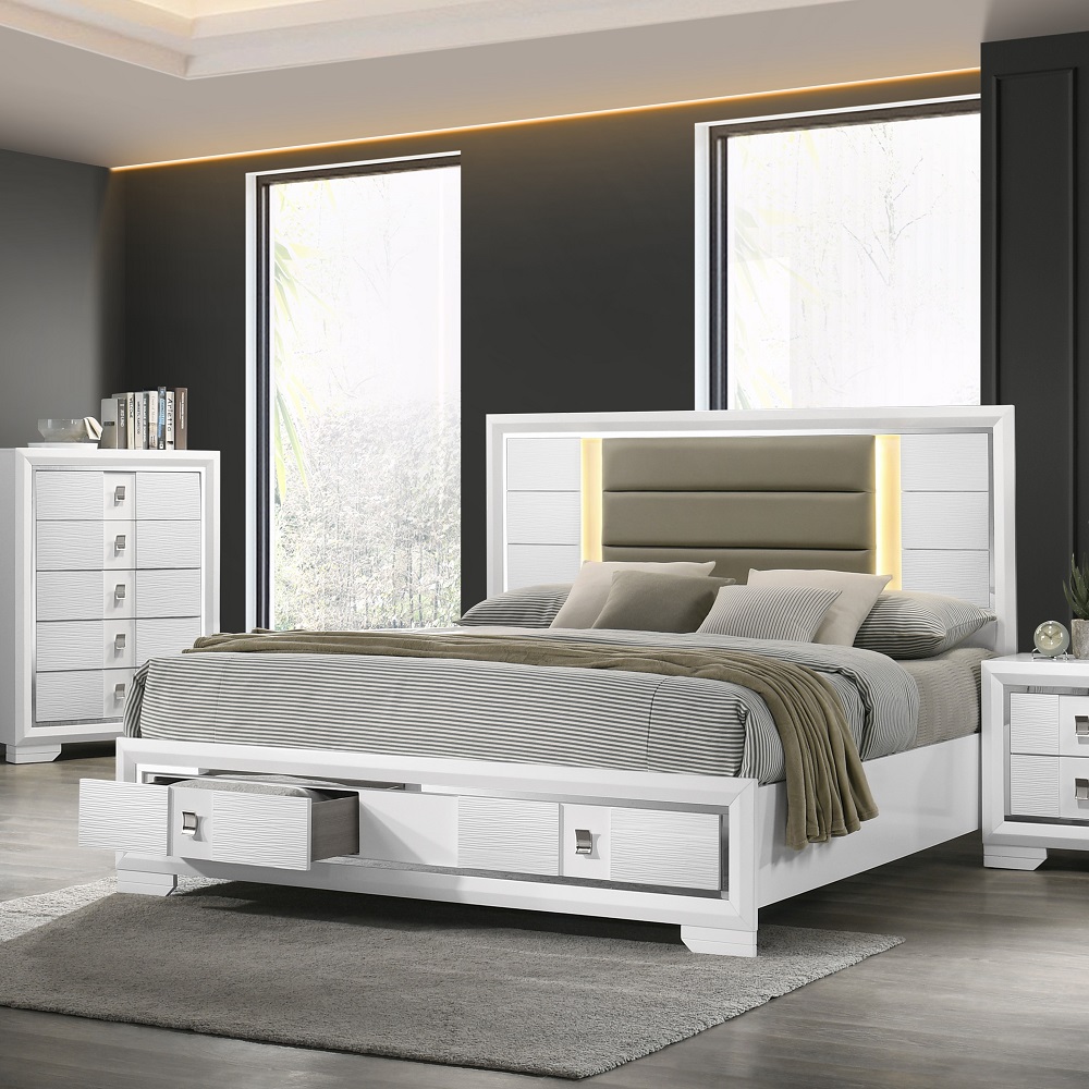 ACME Elain EK Bed with Led & Storage - White