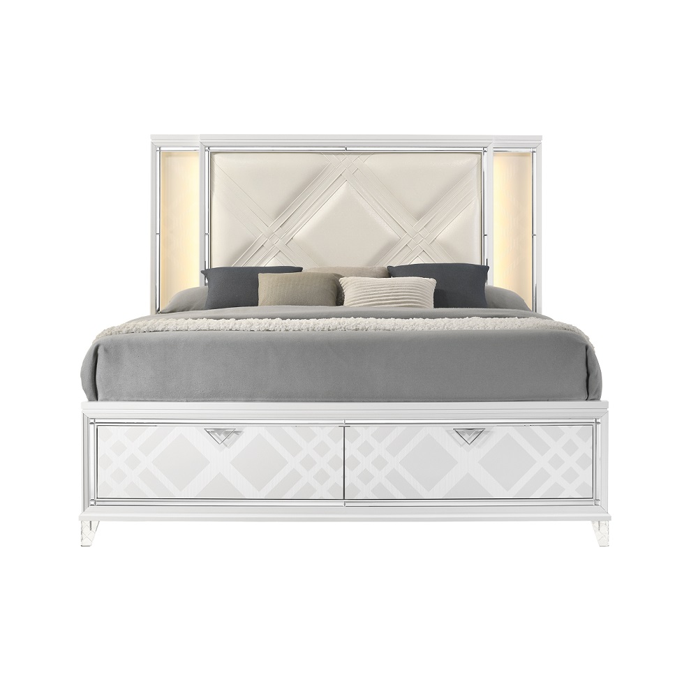 ACME Skylar EK Bed with Led & Storage - Synthetic/Pearl White