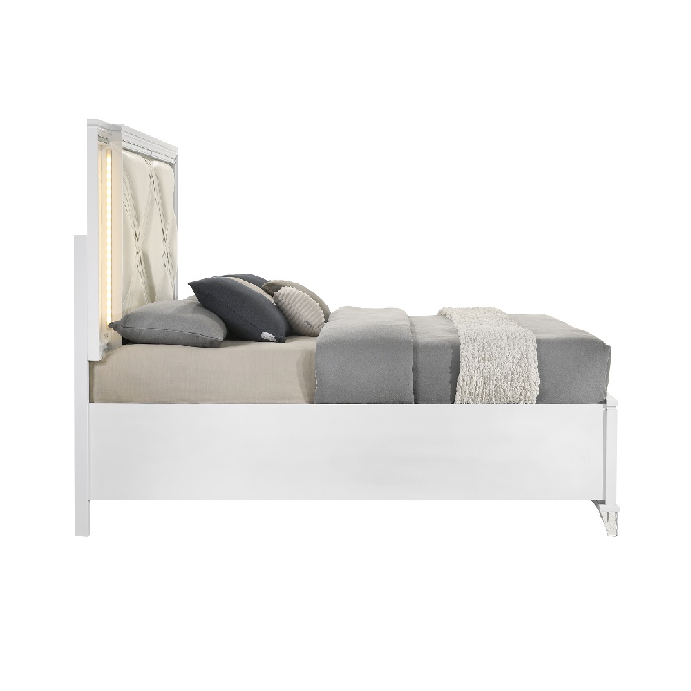 ACME Skylar EK Bed with Led & Storage - Synthetic/Pearl White