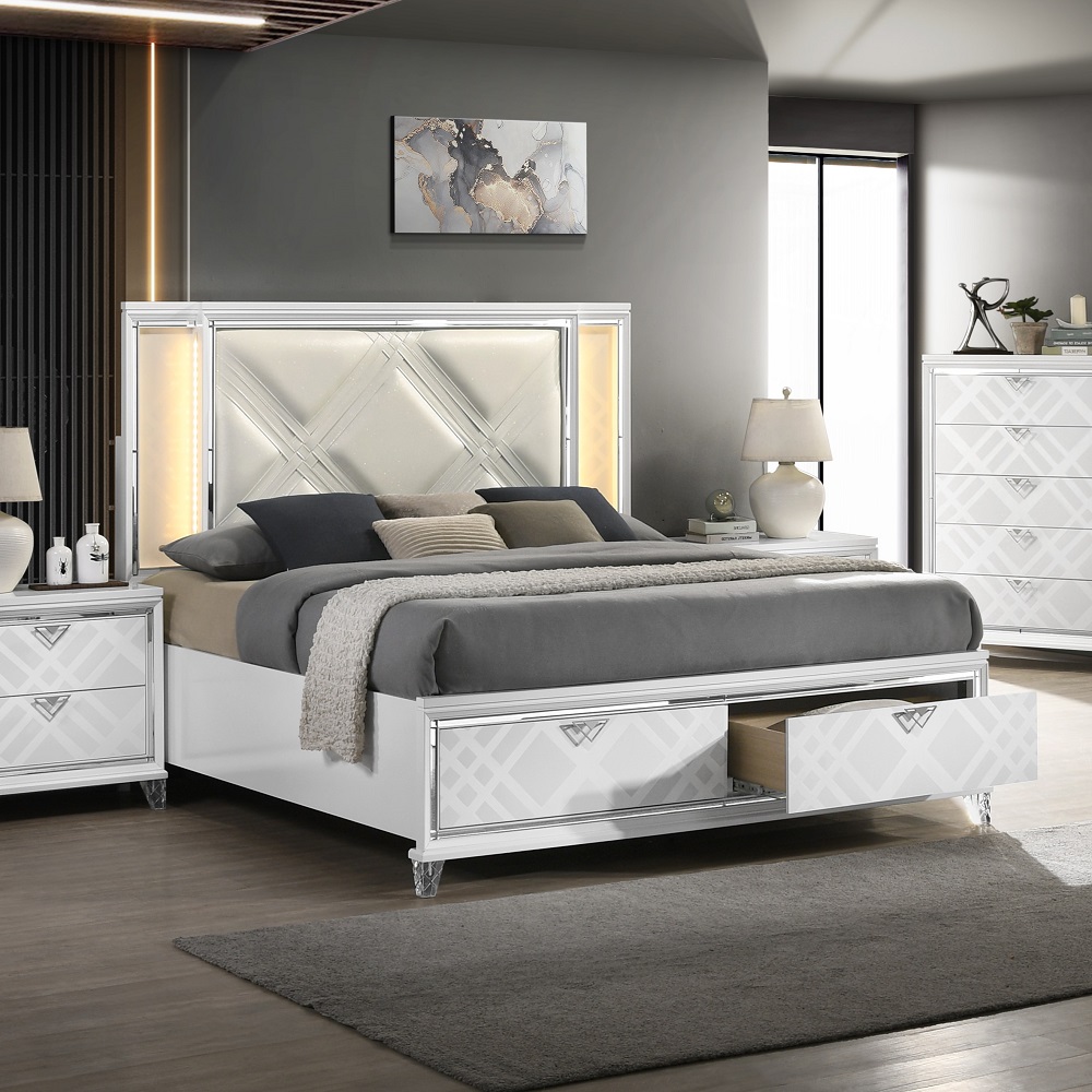 ACME Skylar EK Bed with Led & Storage - Synthetic/Pearl White