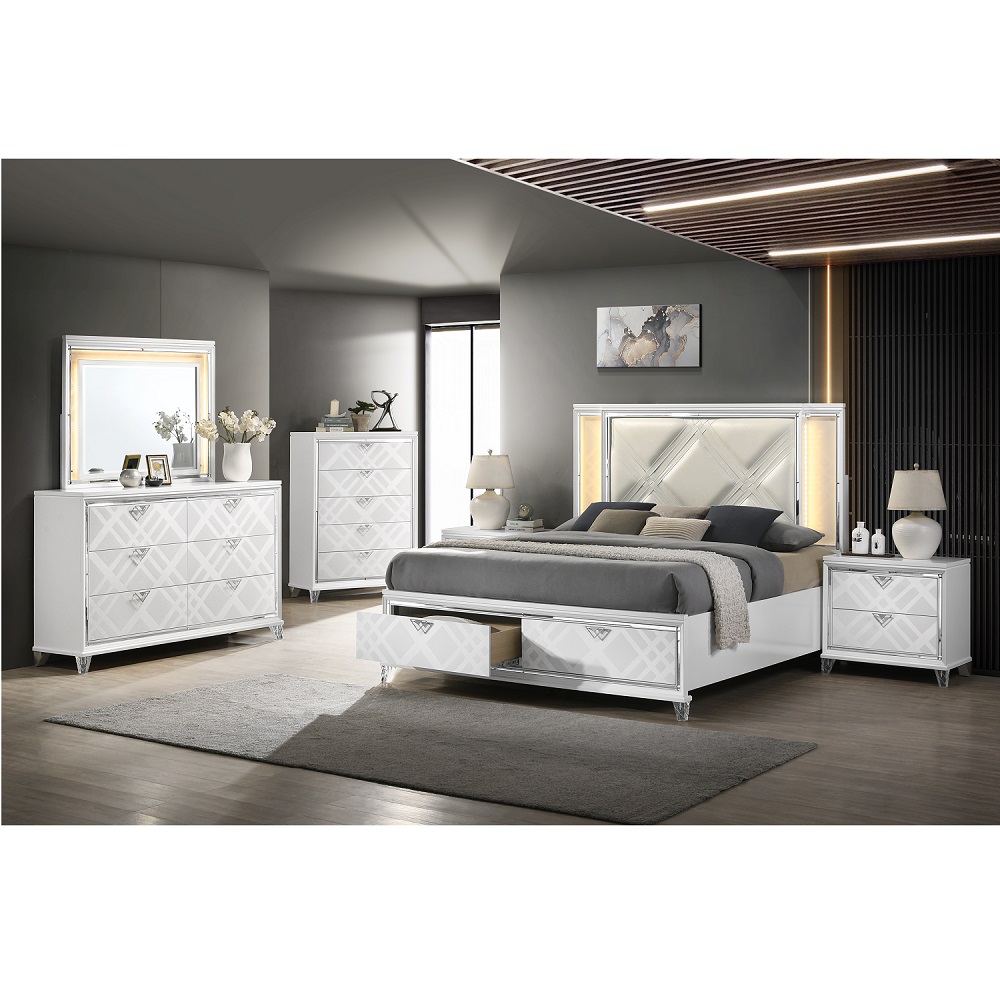 ACME Skylar EK Bed with Led & Storage - Synthetic/Pearl White