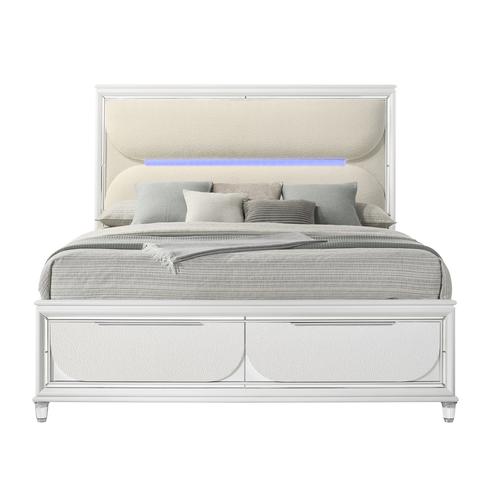 ACME Tarian CK Bed with Led & Storage - White Boucle/Pearl White