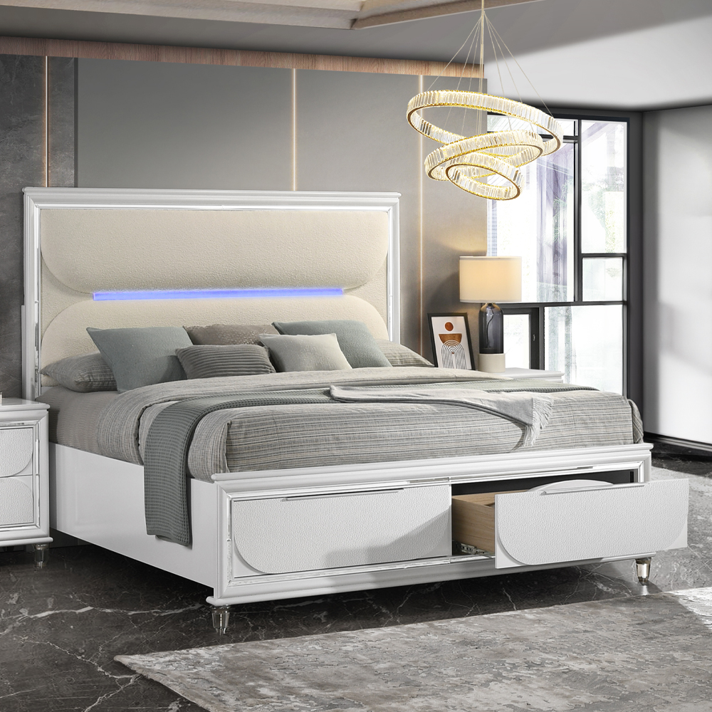 ACME Tarian CK Bed with Led & Storage - White Boucle/Pearl White