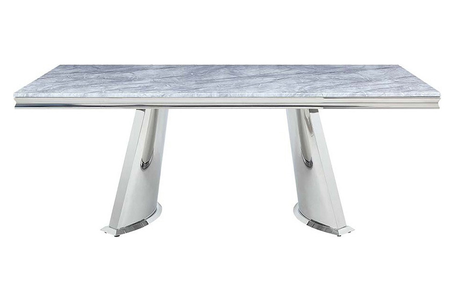 ACME - Destry Dining Table with Engineering Stone Top & Pedestal Base in Engineering Stone Top/Mirrored Silver