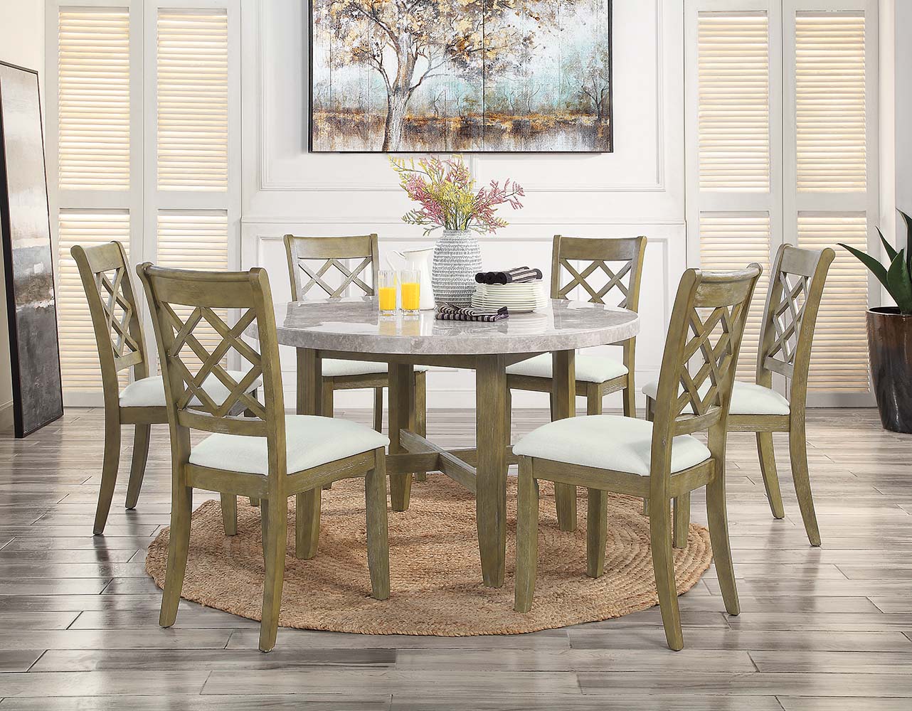 ACME - Karsen Dining Table with Marble Top in Natural Marble Top/Rustic Oak